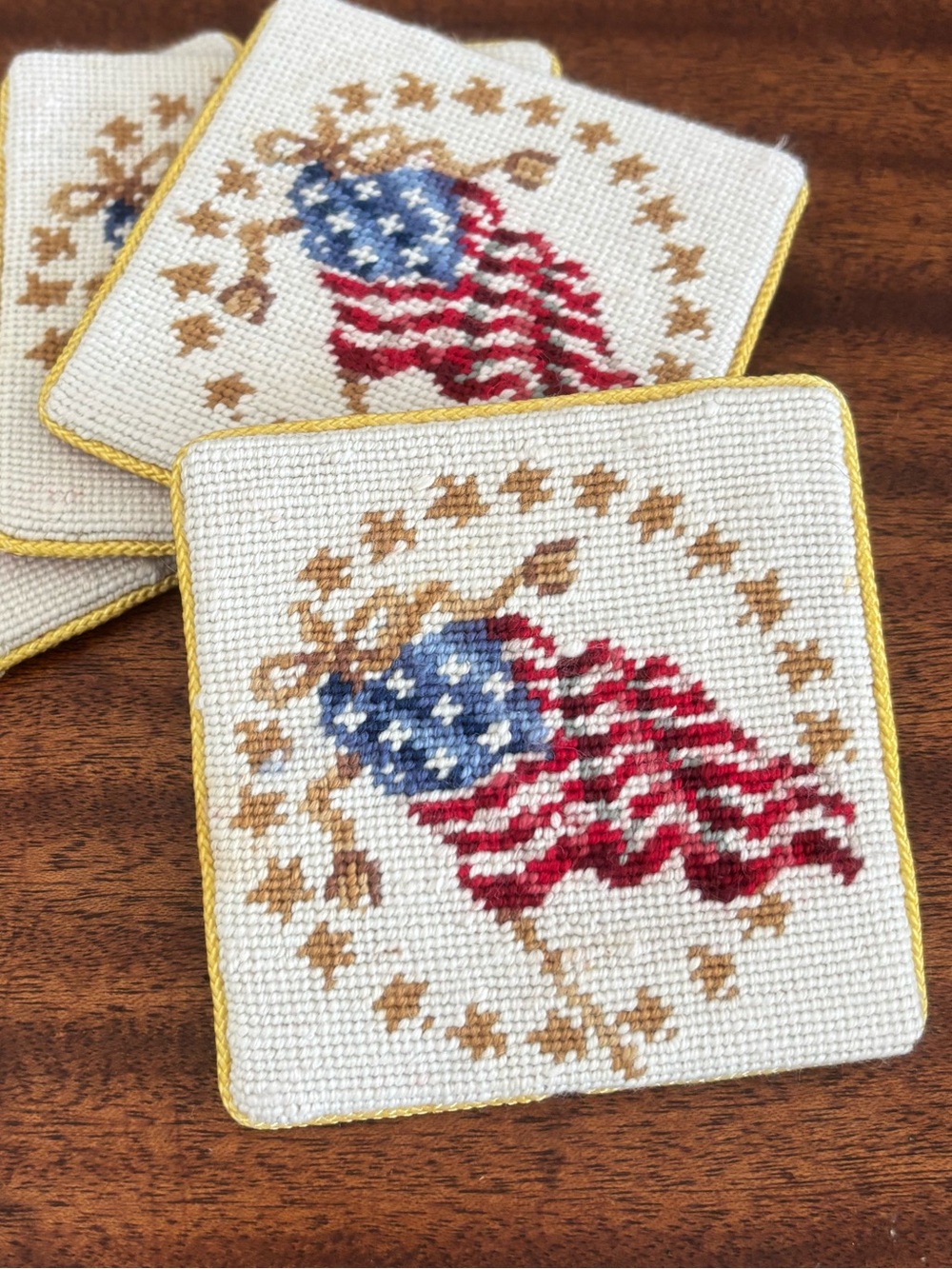 Patriotic C&F Home Coasters Set of 4 Petit Needlepoint American Flag Design